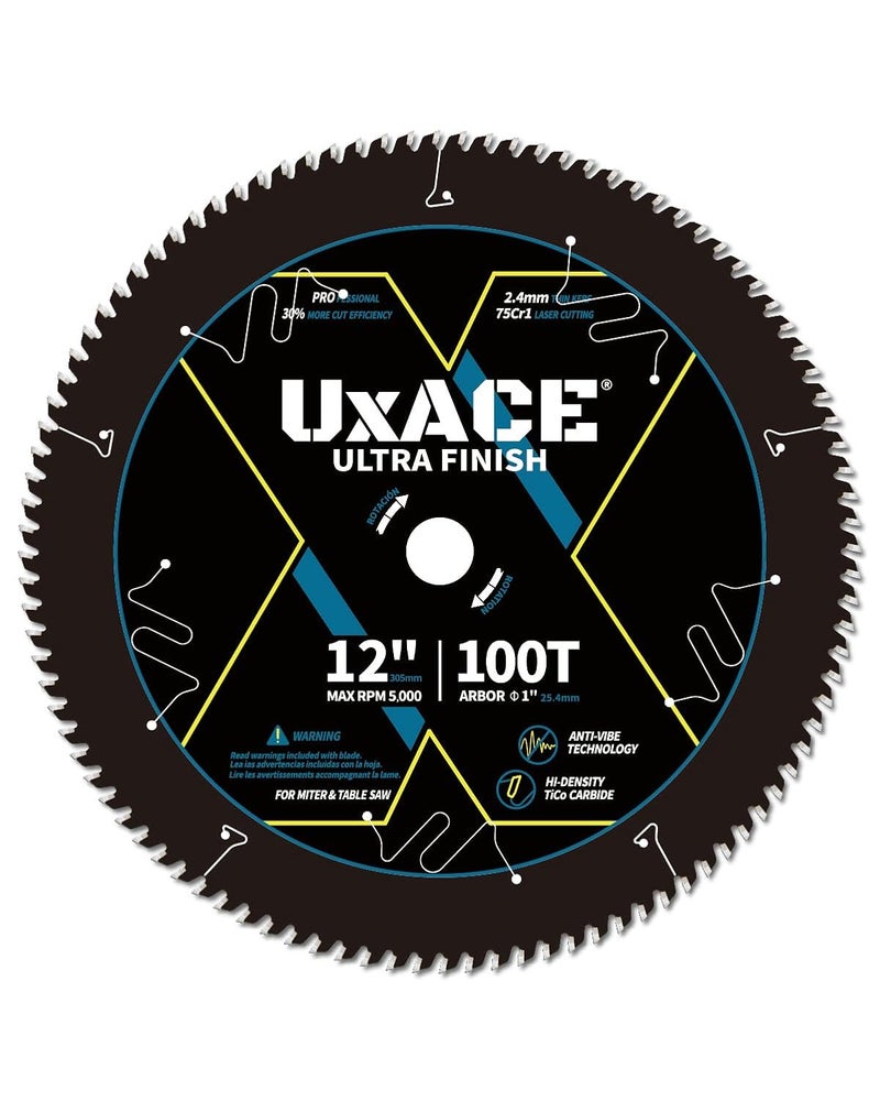 UXACE 12-Inch 100-Tooth Circular Saw Blade with 1-Inch Arbor, Ultra Finish Wood Cutting, Carbide Tip, Thin Kerf, for Plywood, MDF, OSB, Laminated - Image 1